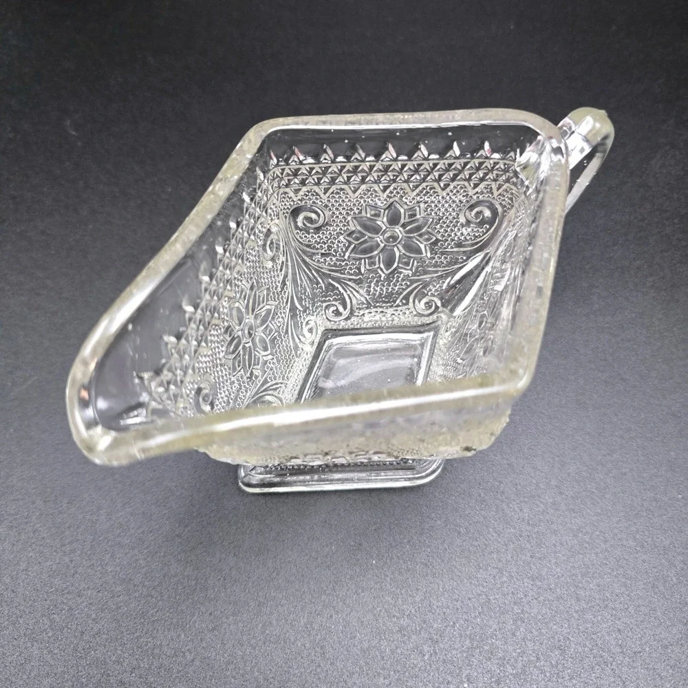 Vintage Clear Pressed Glass‎ Creamer and Sugar Bowl Set Floral Diamond Pattern